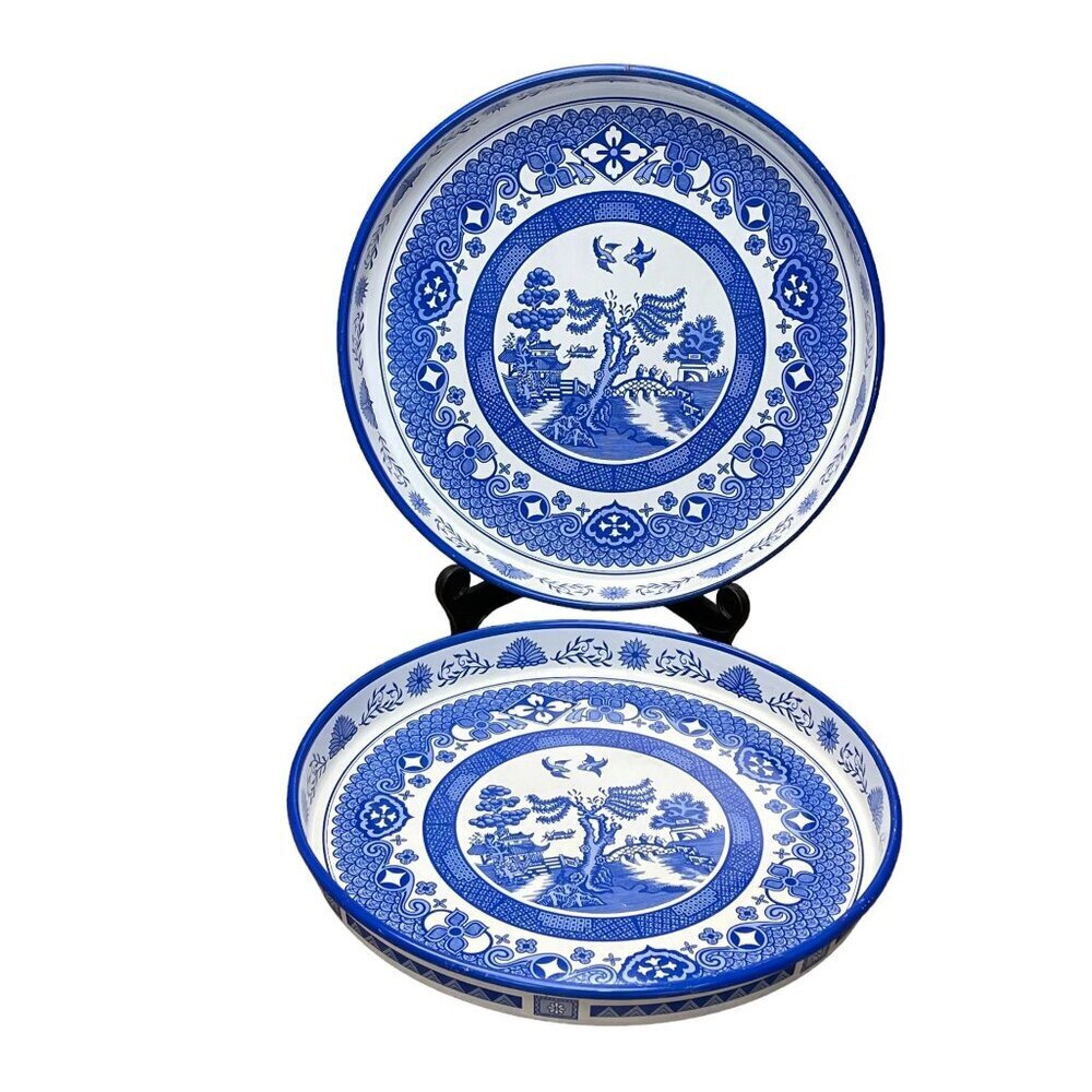 Two Blue & White Willow Pattern Enameled Metal Trays 12 Inch - Asian-Inspired